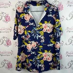MoFiz tshirt tee half zip Floral flowers Shirt in Navy blue pink green white
